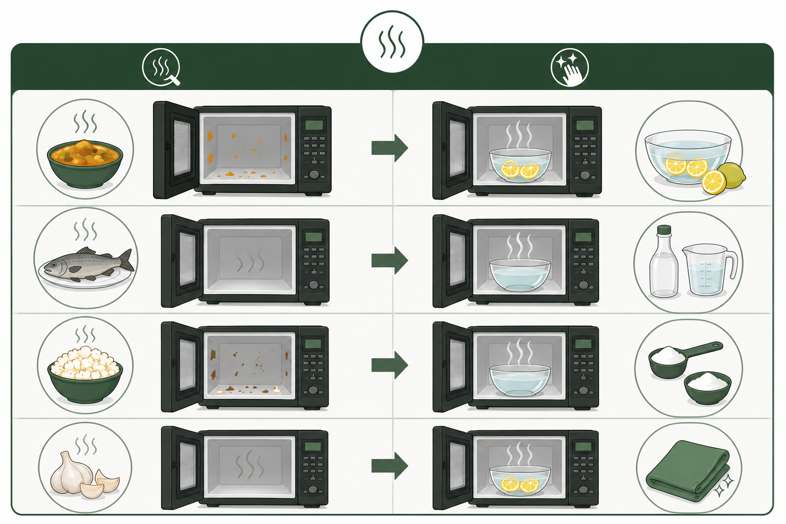 Visual guide matching common microwave odours to first cleaning steps.