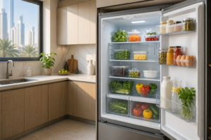 how-to-remove-fridge-smells-in-hot-uae-weather-Clean, organised refrigerator interior in a UAE apartment kitchen