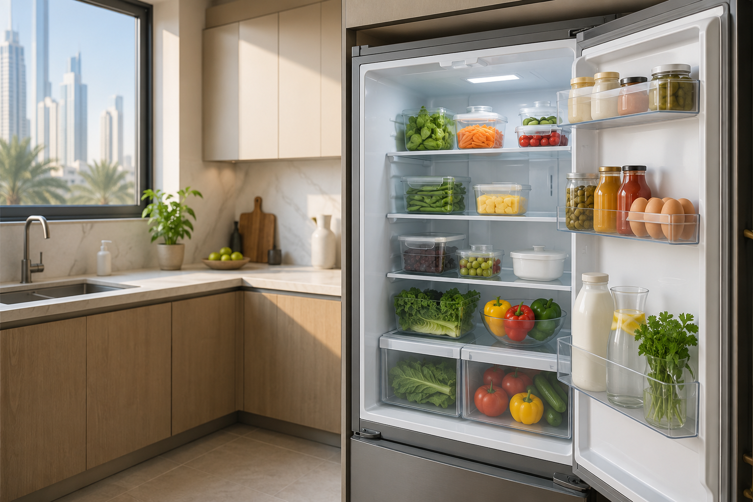 how-to-remove-fridge-smells-in-hot-uae-weather-Clean, organised refrigerator interior in a UAE apartment kitchen