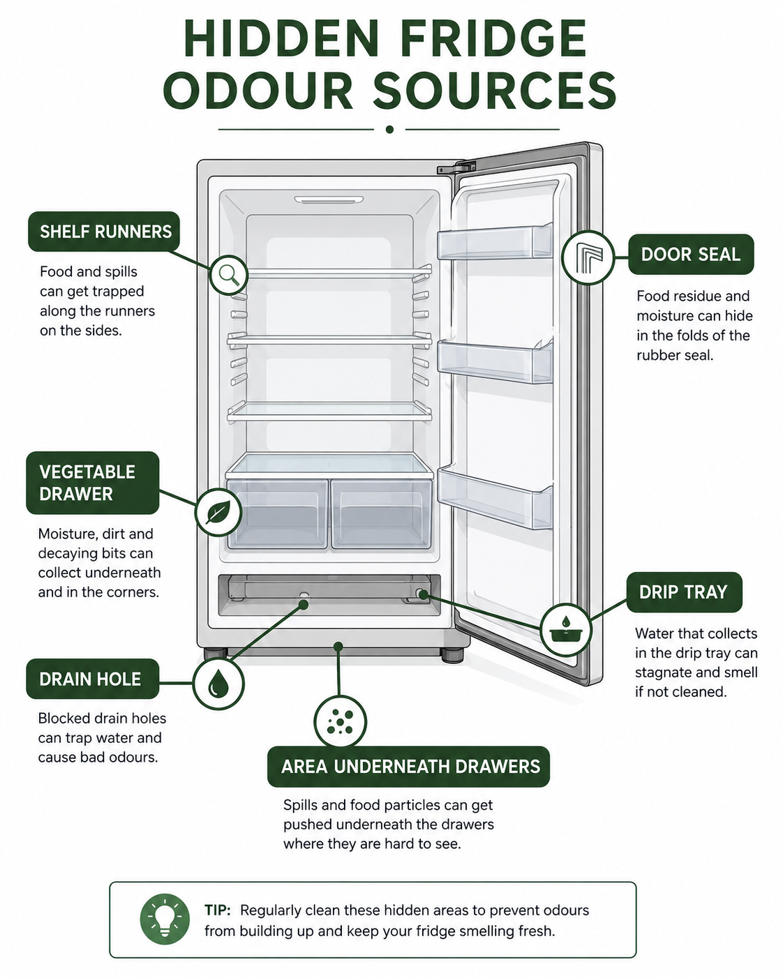 Diagram of common hidden sources of fridge odour