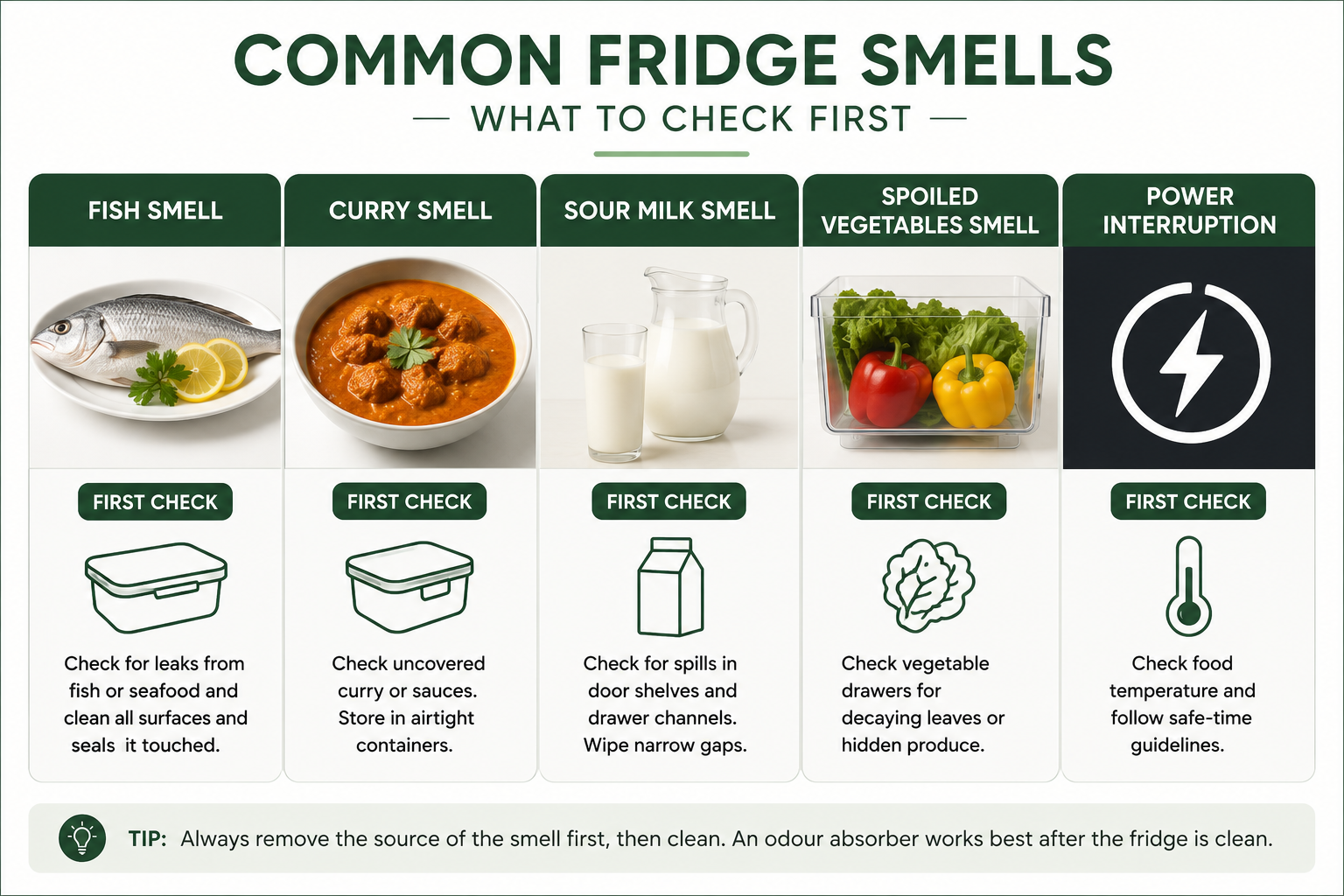 Reference guide to common fridge smells and first checks