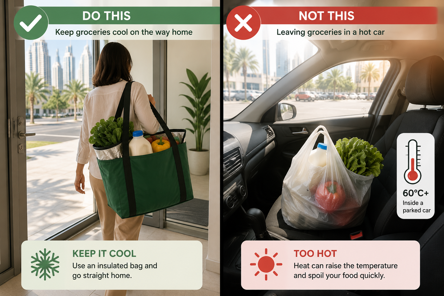 Correct and incorrect ways to transport chilled groceries in UAE heat