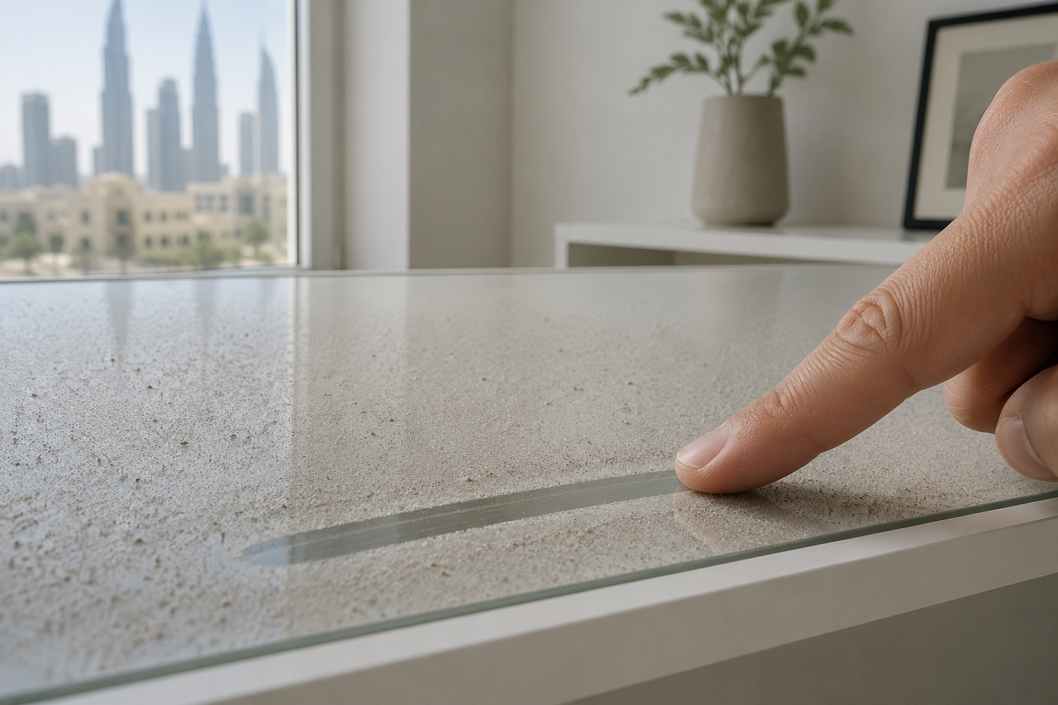 Fine desert dust layer visible on glass surface in UAE apartment indicating poor indoor air quality