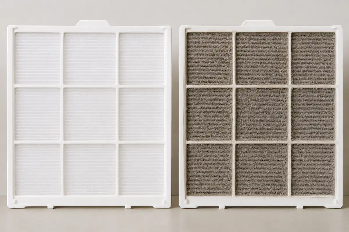 Clean versus dusty AC filter comparison showing indoor air quality indicator in UAE apartment