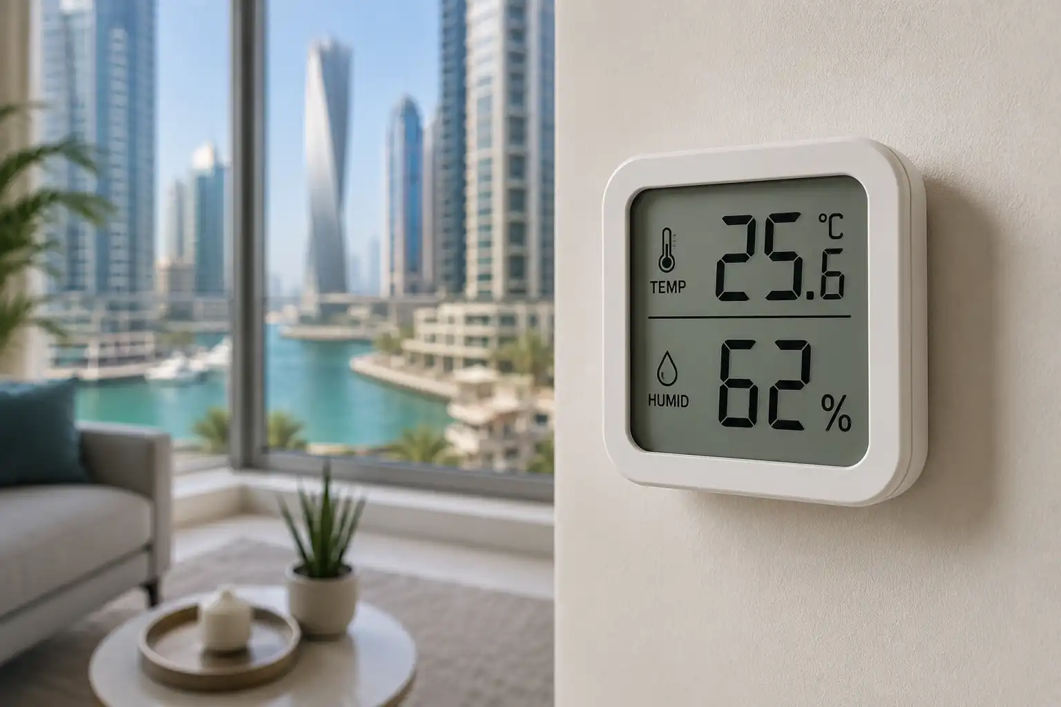 File name: indoor-air-quality-uae-humidity-monitor.png
Alt text: Digital hygrometer showing indoor humidity level in UAE coastal apartment for air quality monitoring