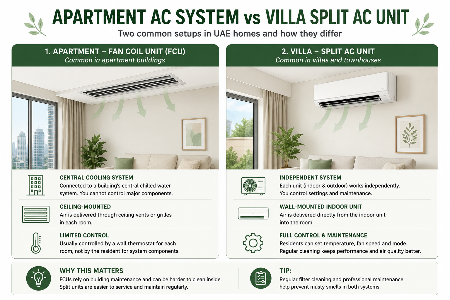 Two-panel comparison of apartment fan coil unit and villa split AC unit