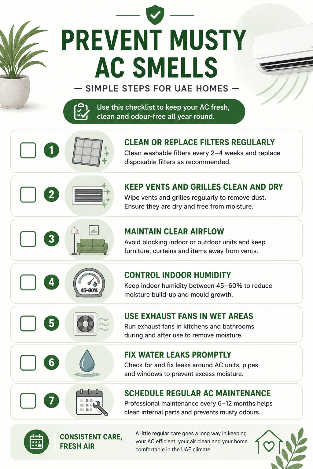 Vertical checklist infographic for preventing musty AC smells in UAE homes