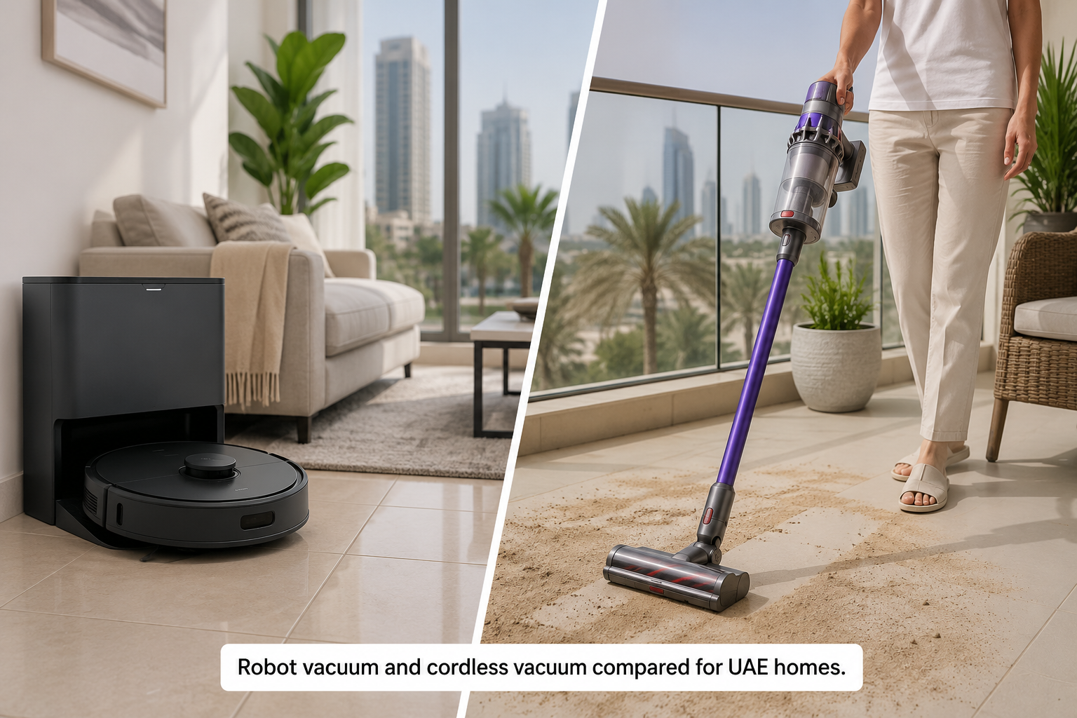 robot-vacuum-vs-cordless-vacuum-uae-1-A clean, split-frame lifestyle photo showing a robot vacuum docked on a tiled UAE living room floor on one side, and a person using a cordless vacuum on a balcony with light sand visible on the other side. Alt text: "Robot vacuum and cordless vacuum compared for UAE homes.