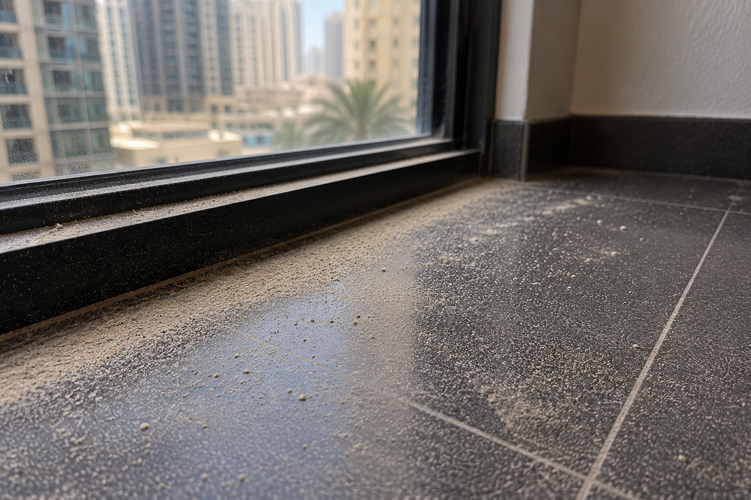 Fine desert dust settled on a UAE apartment floor.