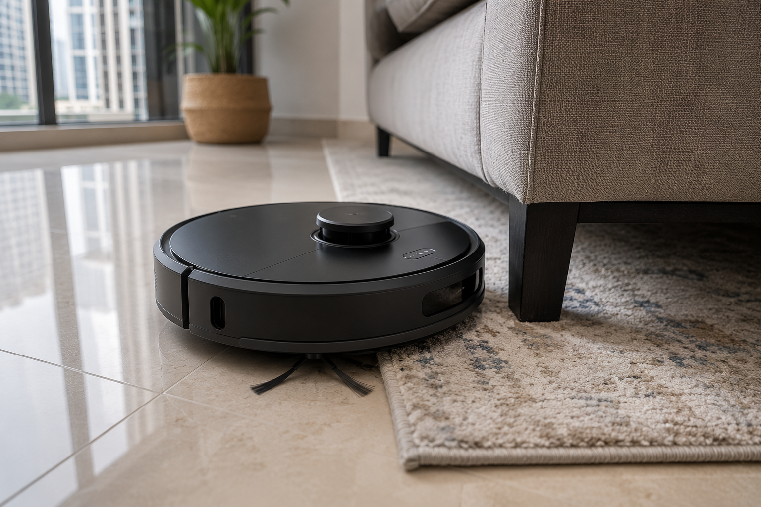 Robot vacuum navigating around furniture on a UAE apartment floor.