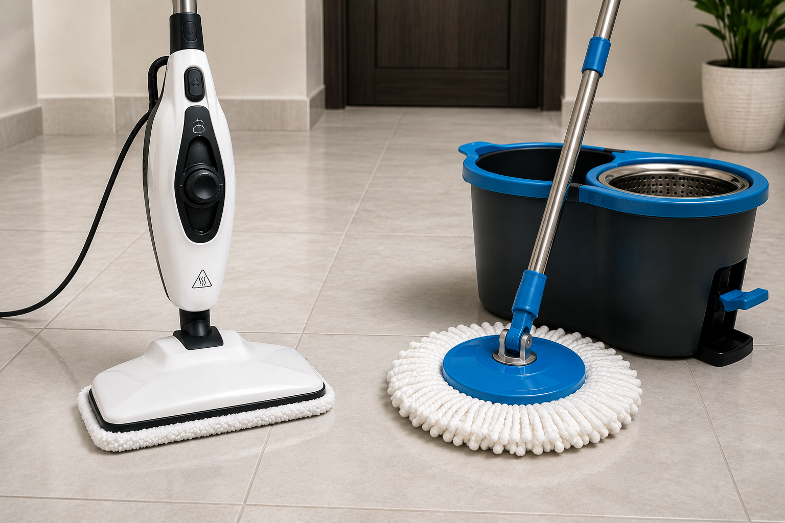 steam-cleaner-vs-spin-mop-uae-side-by-side photo of a steam cleaner and a spin mop positioned on a tiled floor