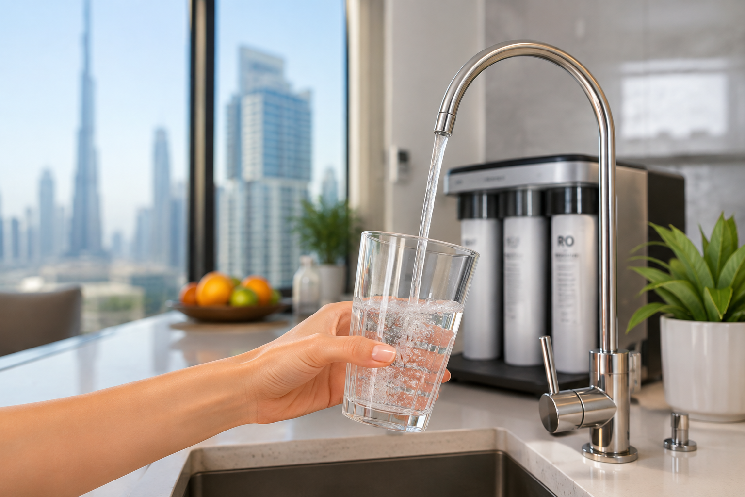 best-water-filters-uae-a clean, bright lifestyle photo of a filtered water glass being filled at a kitchen tap in a UAE apartment setting