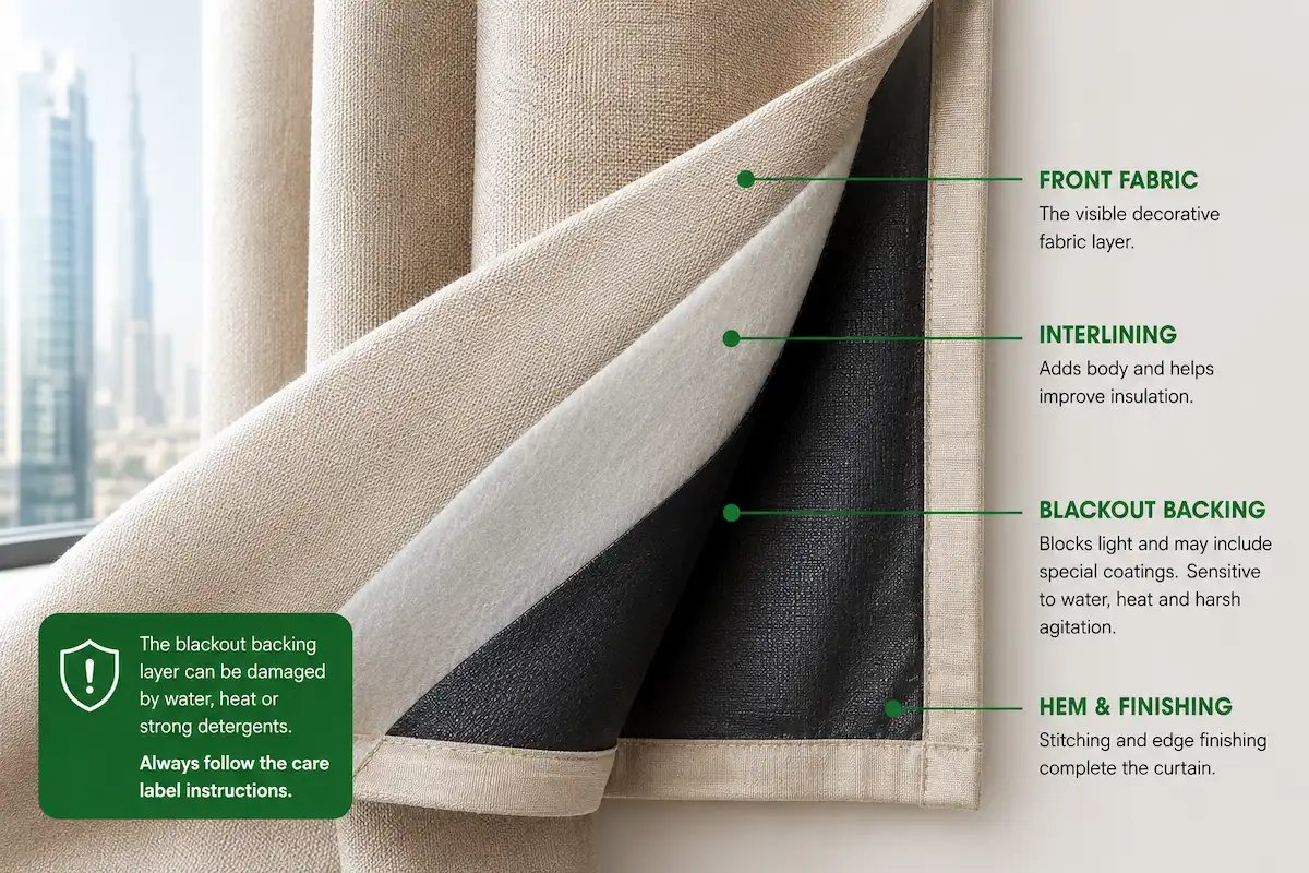 Blackout curtain fabric layers showing backing material that requires special cleaning care