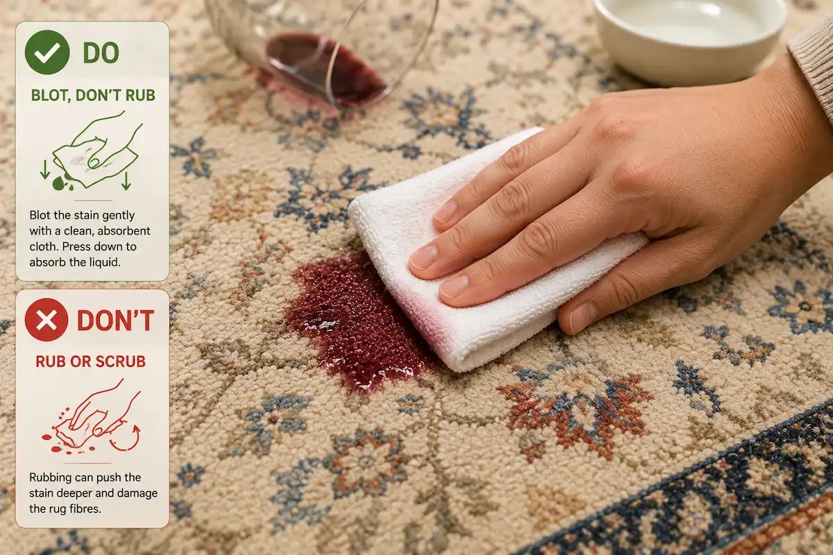 Blotting a rug stain instead of scrubbing in a Dubai home