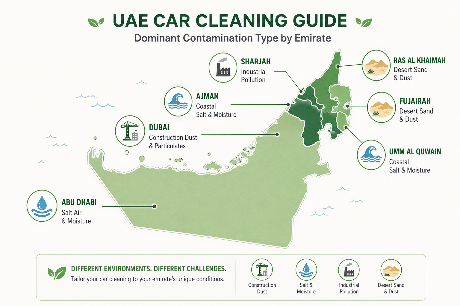 car cleaning Dubai - UAE map showing dominant car cleaning contamination type by emirate - construction dust Dubai, salt Abu Dhabi, industrial Sharjah, desert sand RAK and Fujairah