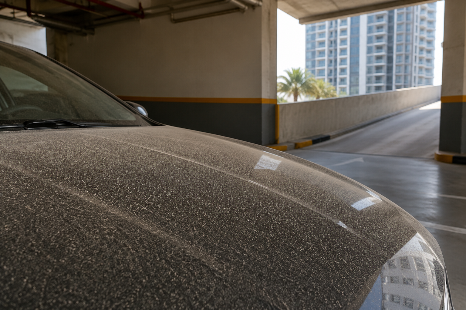 car-cleaning-Dubai - Fine construction dust film on car bonnet in Dubai apartment basement parking showing why regular car cleaning in Dubai is essential