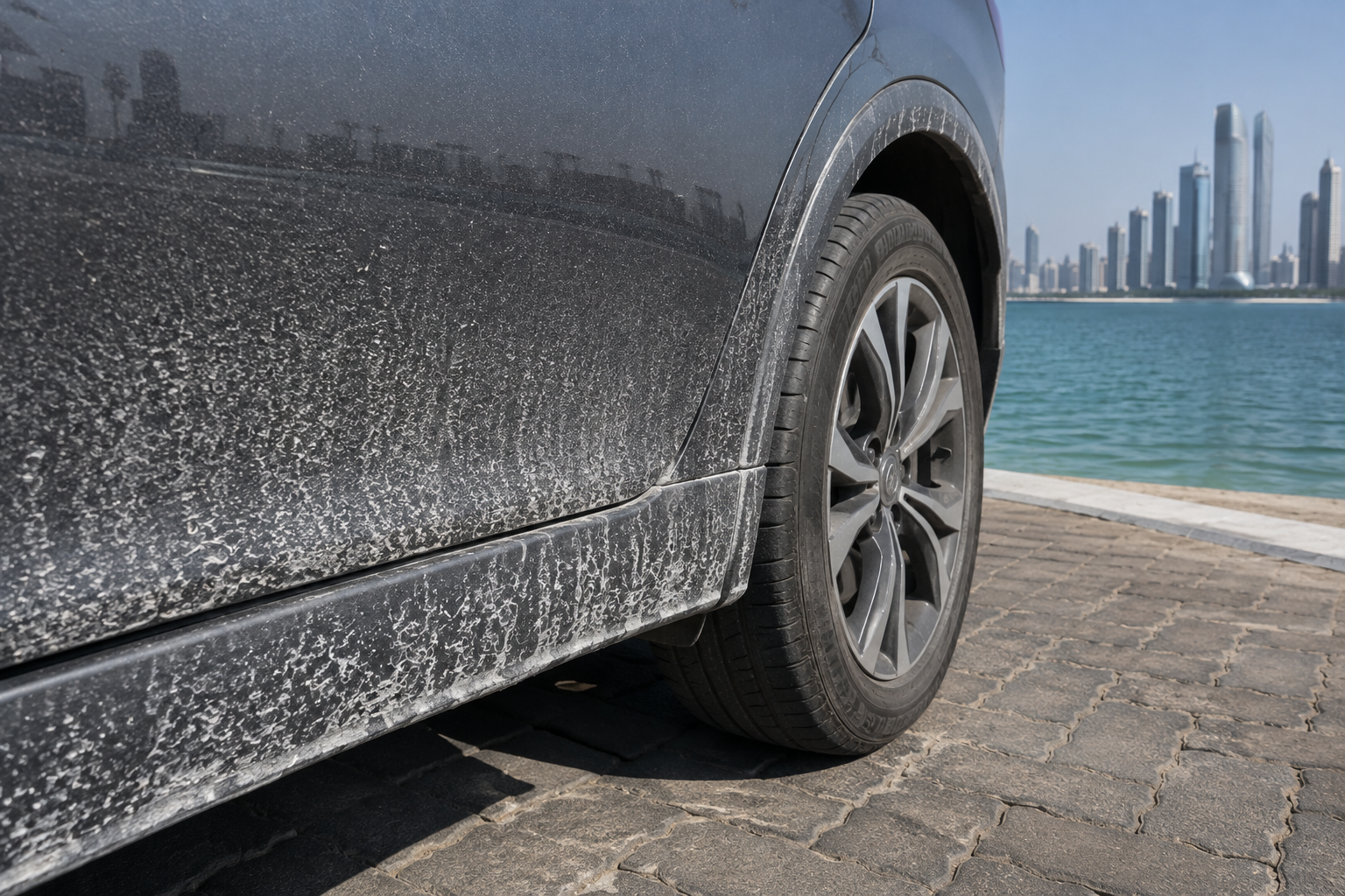 car-cleaning-Dubai - Salt residue on car lower panel near Abu Dhabi coastal area showing underbody car cleaning priority
