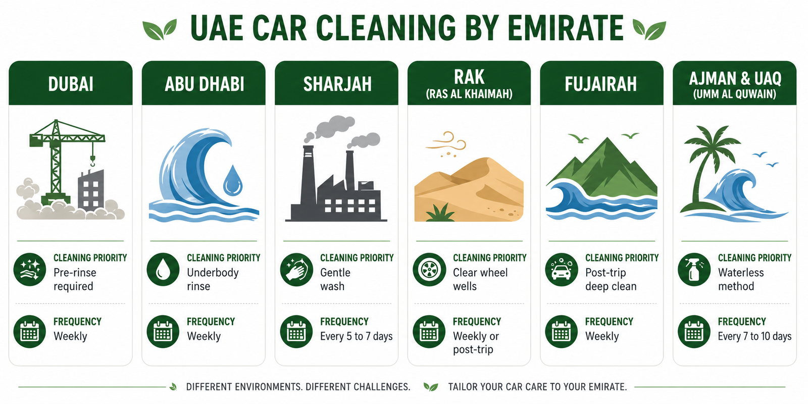 car-cleaning-Dubai - Six-panel infographic showing car cleaning priority and frequency by UAE emirate including Dubai Abu Dhabi Sharjah RAK Fujairah and Ajman