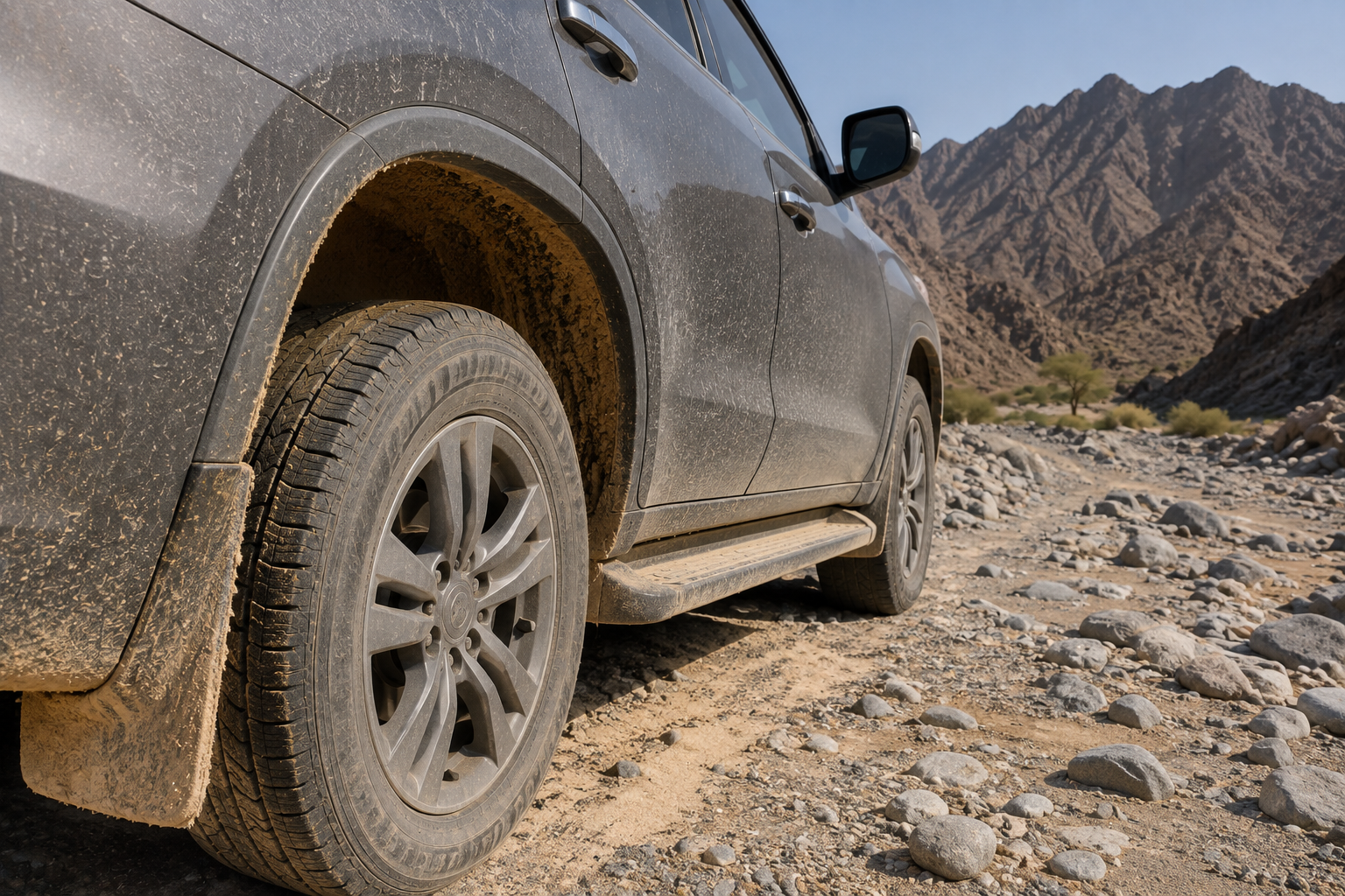 car-cleaning-Dubai - Sand and grit in car wheel well after wadi drive in Ras Al Khaimah or Fujairah mountains showing post-trip car cleaning needs