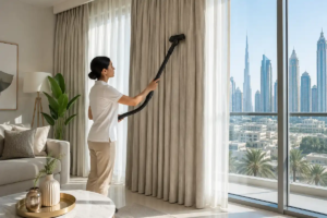 Curtain Cleaning Dubai - Curtain cleaning in a modern Dubai apartment using a vacuum upholstery attachment