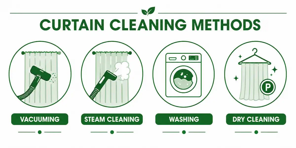 curtain-cleaning-dubai - Infographic comparing vacuuming, steam cleaning, washing and dry cleaning methods for curtains
