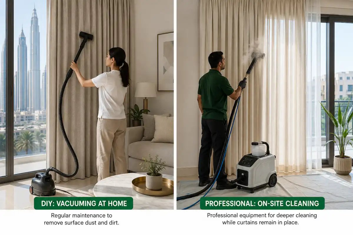 Comparison of DIY curtain vacuuming and professional on-site curtain cleaning in Dubai