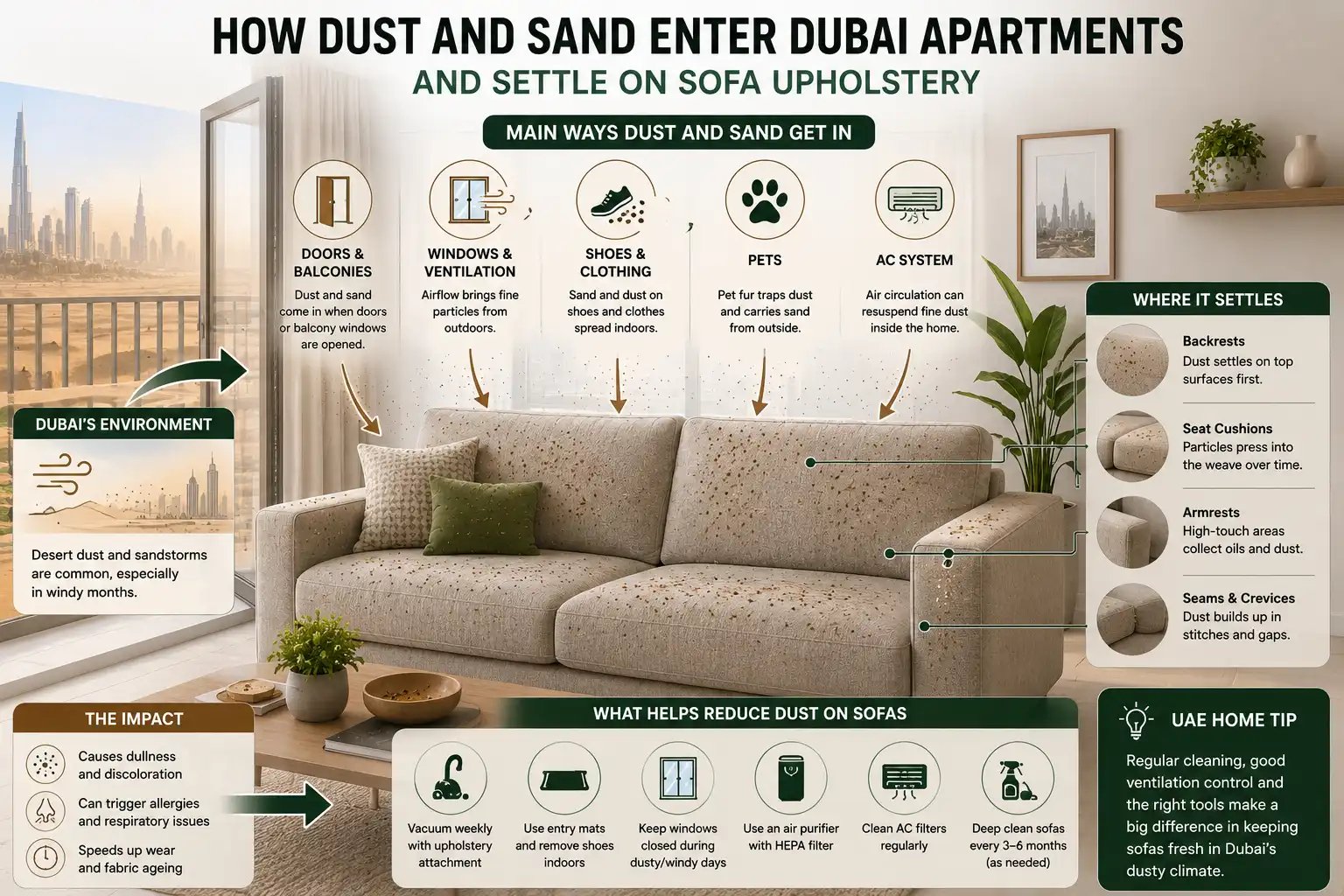 Diagram showing how dust and sand enter Dubai apartments and settle on sofa upholstery
