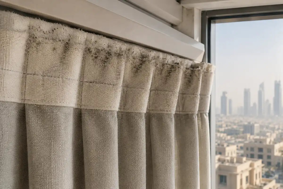 curtain-cleaning-dubai - Fine desert dust collecting along curtain folds in a Dubai apartment window