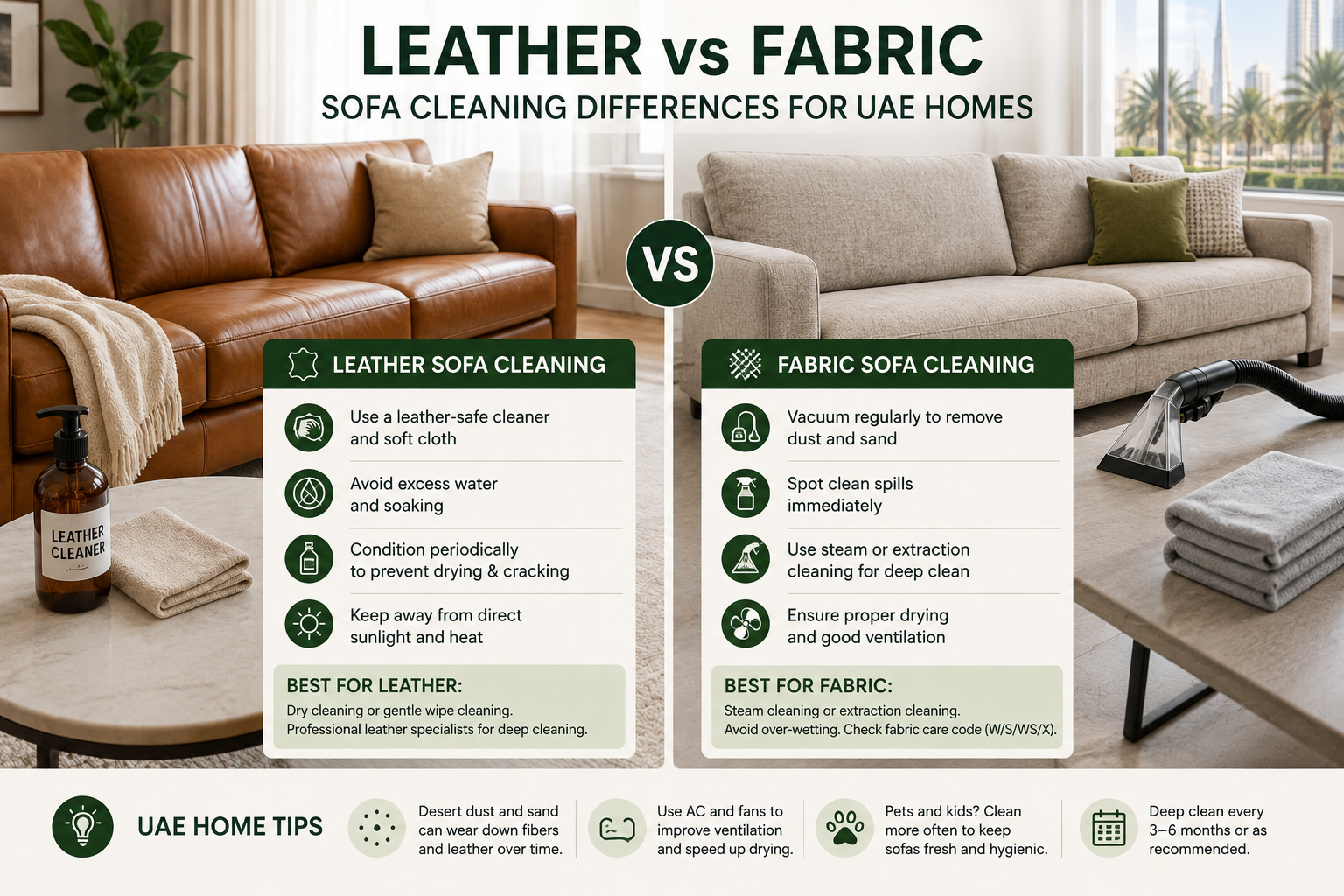 Sofa Cleaning Dubai - Leather versus fabric sofa cleaning differences for UAE homes