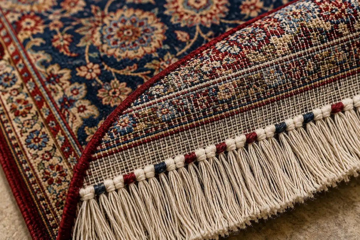 Hand-knotted Persian rug construction and fringe detail
