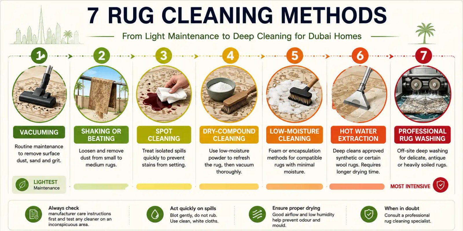Infographic comparing seven rug cleaning methods for Dubai homes
