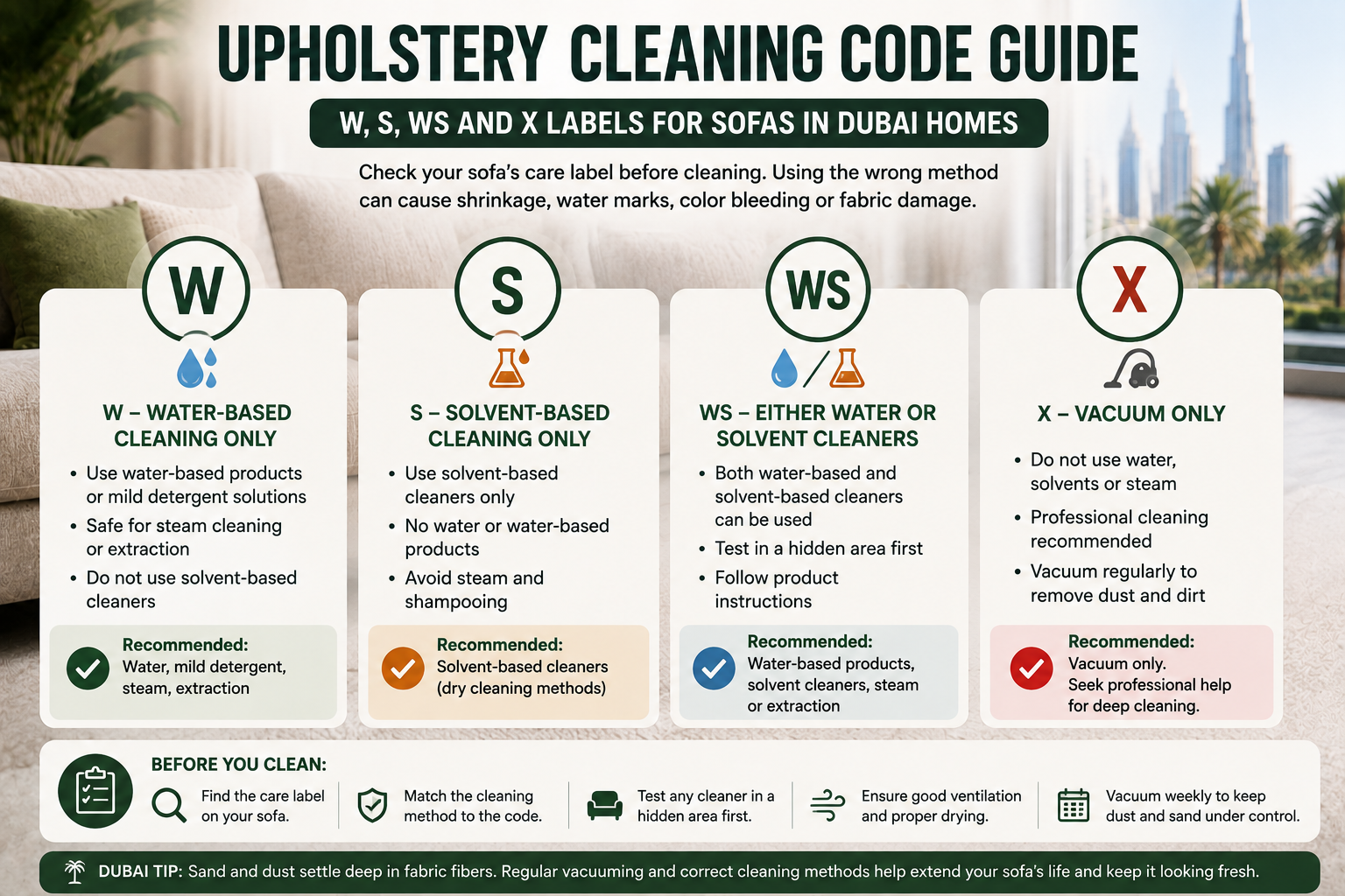 Upholstery cleaning code guide showing W, S, WS and X labels for sofas in Dubai homes