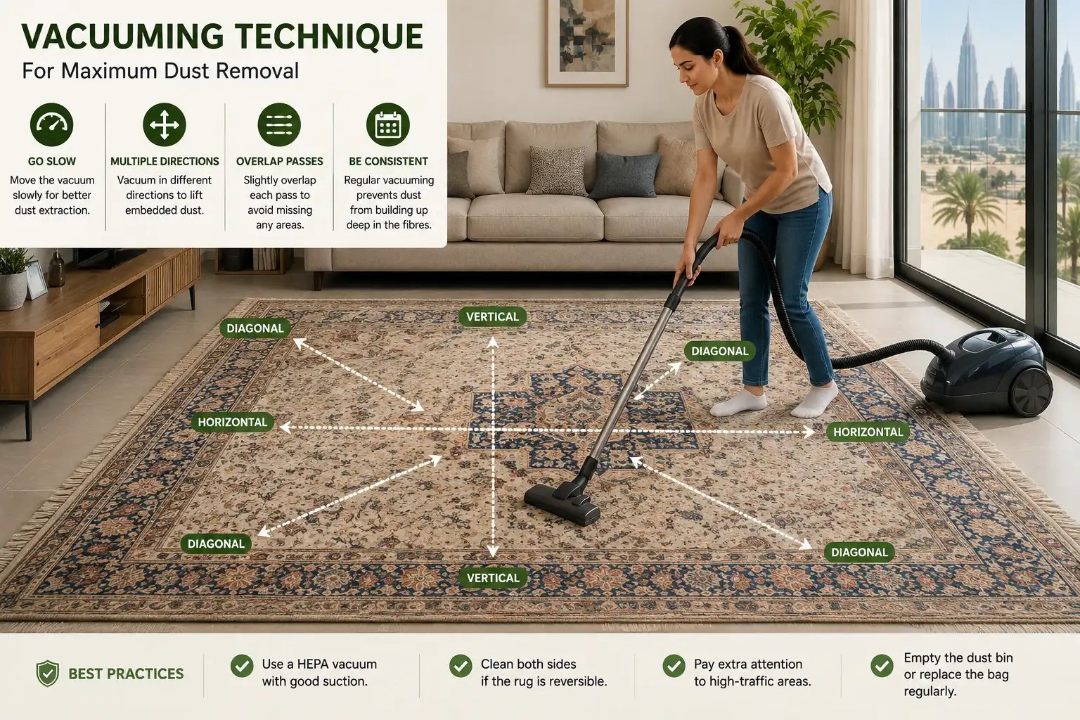 rug-cleaning-dubai - Vacuuming technique for removing embedded dust from a rug in Dubai