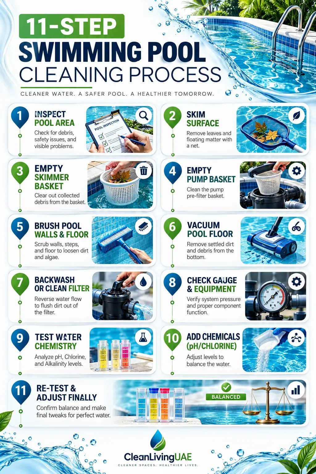Numbered infographic showing 11 steps for swimming pool cleaning, from inspecting the pool to adjusting chemistry based on test results