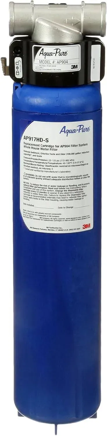 3M Aqua-Pure AP904 whole house water filter with stainless steel head and blue quick-change cartridge housing