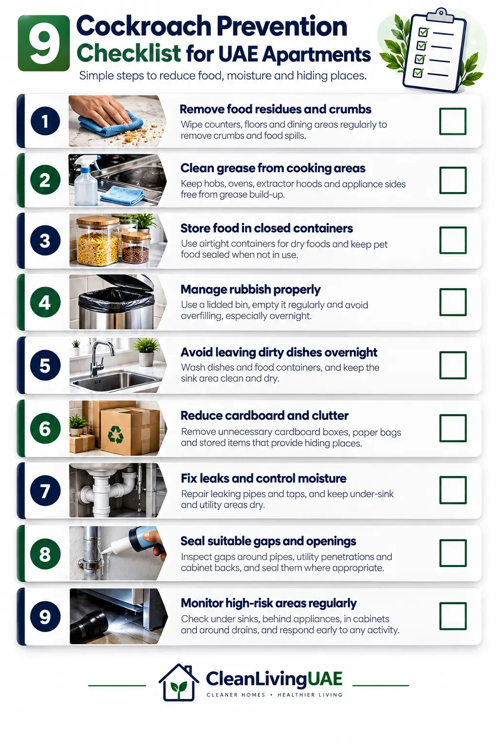 9-step cockroach prevention checklist for UAE apartments covering food storage, grease, rubbish, leaks and sealing gaps
