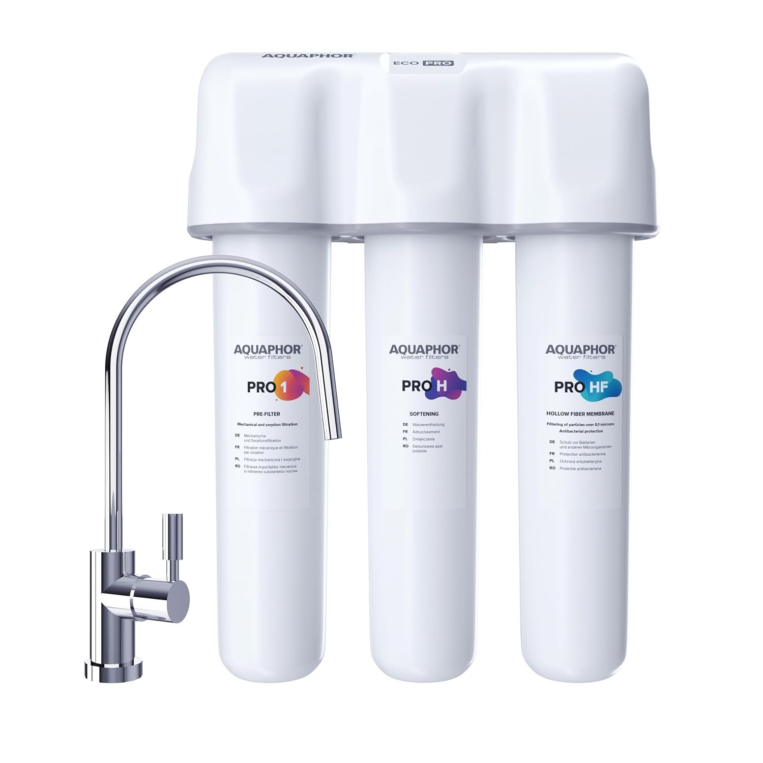 Aquaphor Eco Pro H TRIO under-sink filter system with three cartridges and drinking water tap