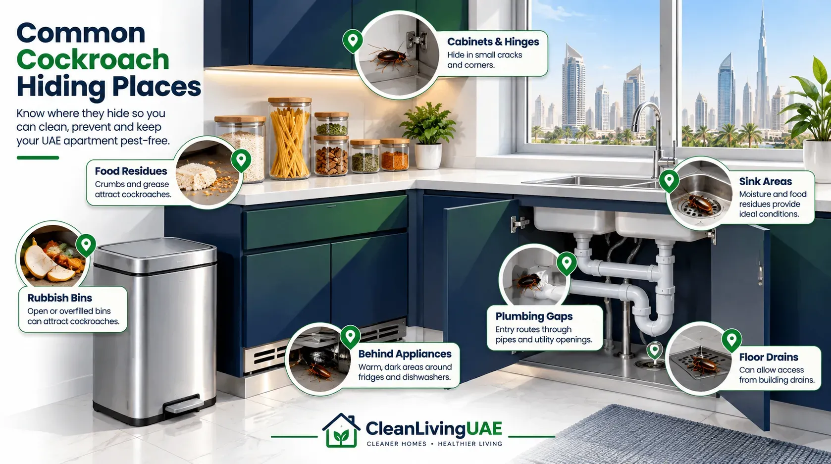 Clean kitchen showing how to prevent cockroaches in UAE apartments with sealed food containers and a dry sink area