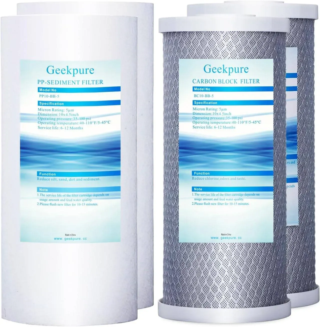 Geekpure 10 x 4.5 inch whole-house sediment and carbon block replacement water filter cartridges