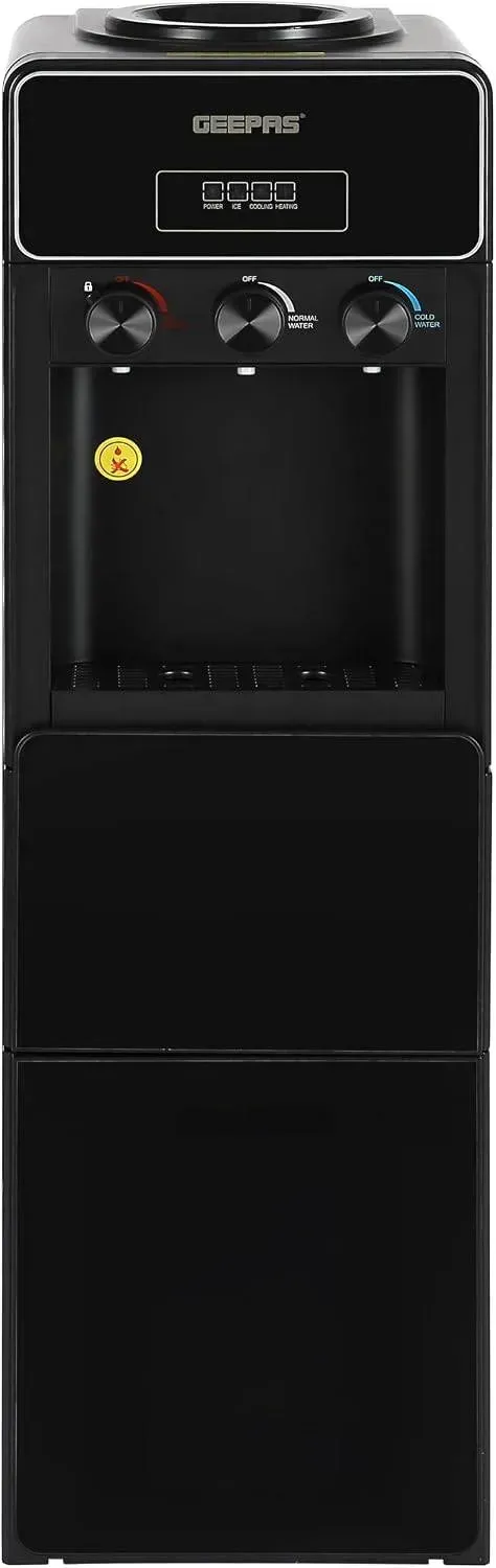 Geepas GIM17042 top loading water dispenser with ice maker in black with three tap controls, a digital display and lower ice compartment doors