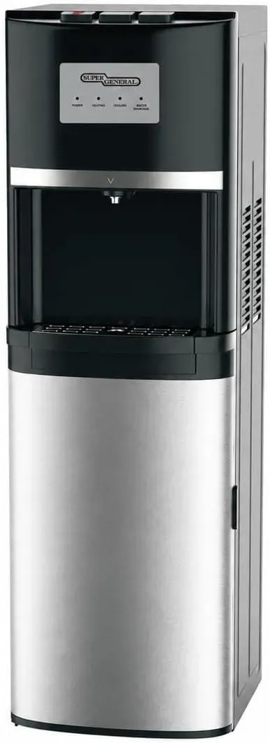 Super General SGL2020BM bottom loading water dispenser in black and stainless steel with an LED control panel and recessed dispensing area
