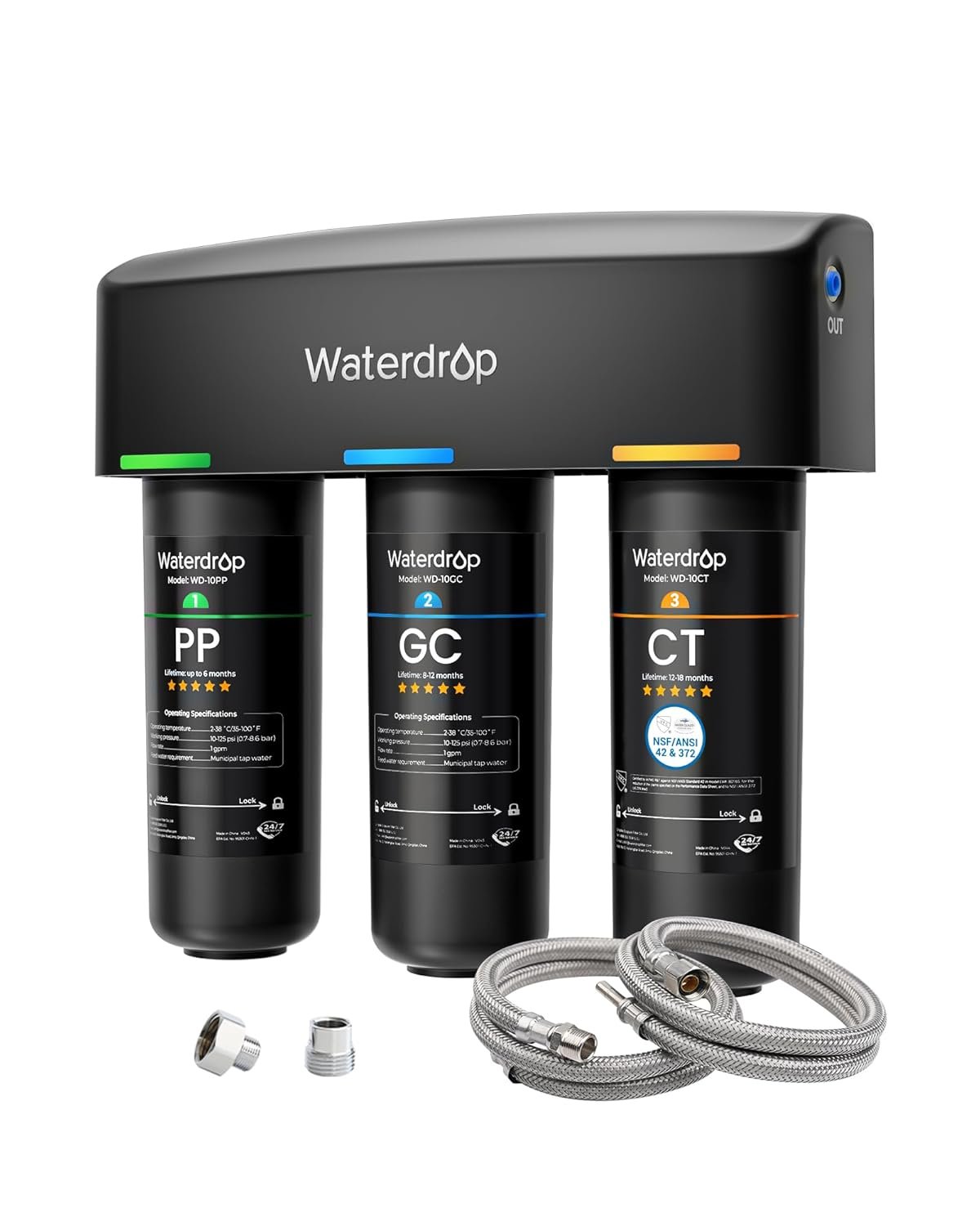 Waterdrop TSA three-stage direct connect under-sink water filter in black