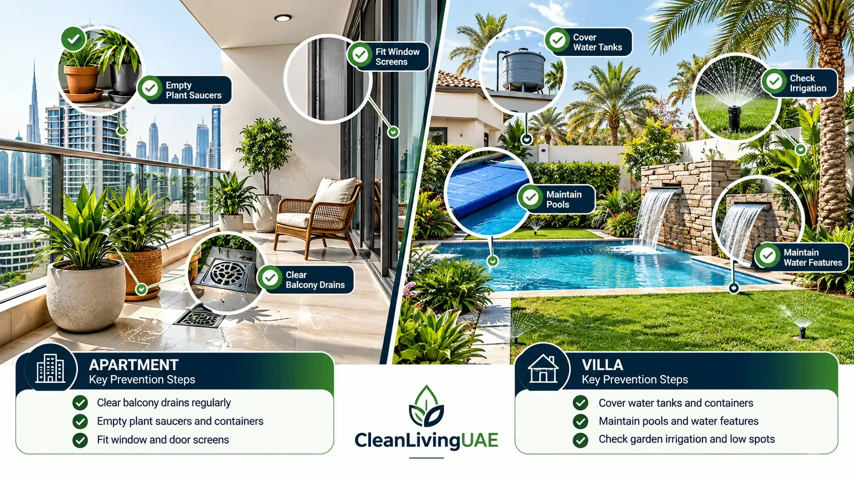 Side-by-side comparison of mosquito prevention priorities for UAE apartments and villas