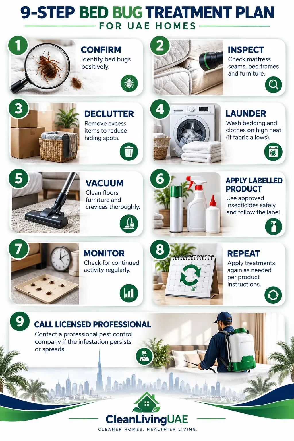 Nine-step bed bug treatment plan for UAE homes, from inspection to calling a licensed pest control company