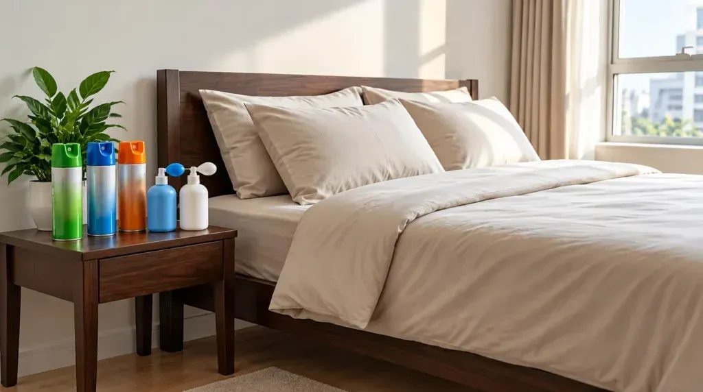 Hero-Bed bug sprays and powders arranged beside a neatly made bed in a UAE apartment bedroom