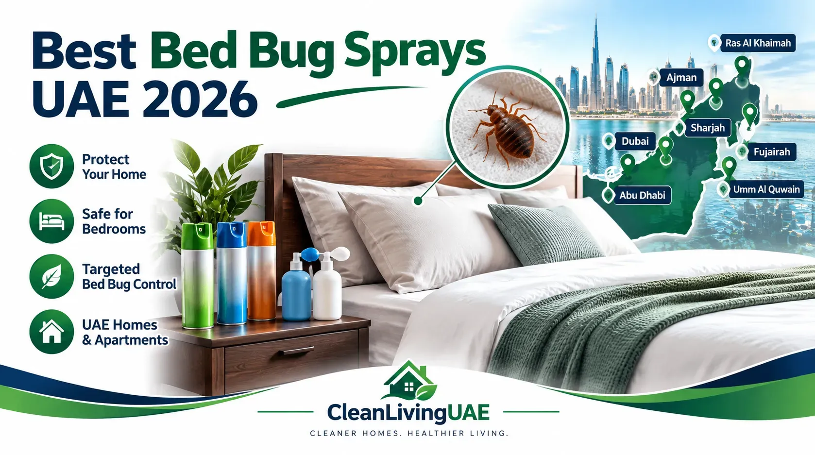 Bed bug sprays and powders arranged beside a neatly made bed in a UAE apartment bedroom