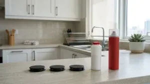 hero-Cockroach bait stations, insect powder and spray can on a kitchen counter in a UAE apartment