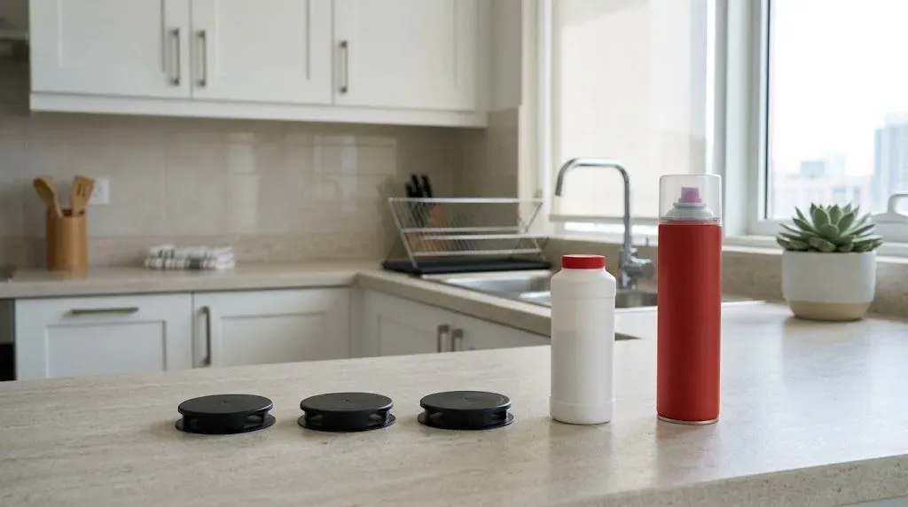 Cockroach bait stations and treatment products arranged on a kitchen counter