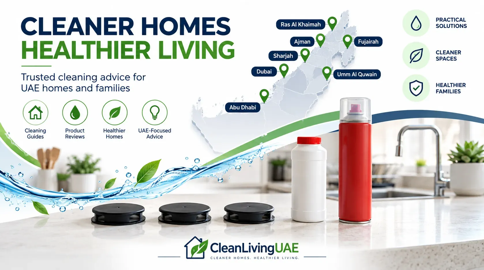 Cockroach bait stations, insect powder and spray can on a kitchen counter in a UAE apartment
