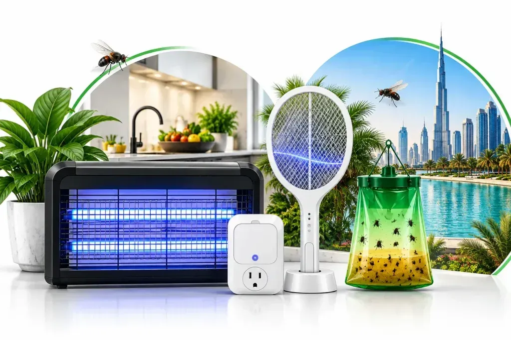Fly killers for UAE homes, including an electric UV zapper, plug-in glue trap, fly racket and outdoor bait trap-hero